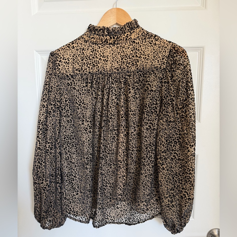 Anthropologie Sheer Leopard Flocked Velvet BlouseBoho Ruffle Balloon Sleeve - Picture 3 of 10